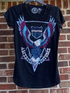 Affliction Black Eagle Embellished Graphic Tee with Teal & Magenta Accents